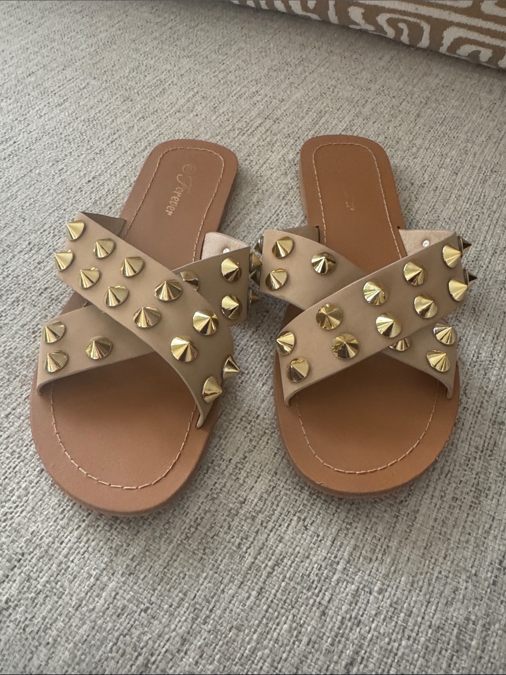 Forever 21 Tan Slide Sandals with Gold Studs